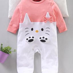 Babyhug Full Sleeves Sleep Suit with Animal Face Applique and Bow - Pink White-image-25