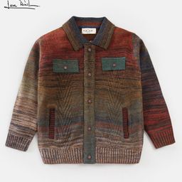 Arias Acrylic Knit Full Sleeve Color Gradient Front Open Sweater with Buttons - Red & Brown-image-8