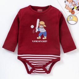 Babyhug 100% Cotton Full Sleeves Onesies Bear Print - Maroon-image-50