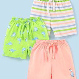 Babyhug Cotton Mid Thigh Length Shorts Stripes & Dolphin Print Pack of 3 - Green Peach & White-image-32