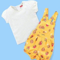 Babyhug Single Jersey Cotton Knit Dungaree with Polka Dotted Half Sleeves Tee Hedgehog Print - Pink & Yellow-image-53