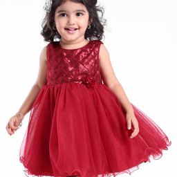 Babyhug Sleeveless Party Frock With Sequin Embroidery & Floral Corsage- Red-image-69