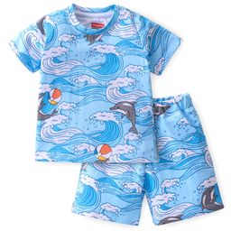 Babyhug 100% Cotton Knit Single Jersey Half Sleeves T-Shirt & Shorts With Dolphin Print - Blue-image-52