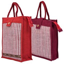 Kuber Industries Shopping Bag  Jute Carry Bag  Zipper Grocery Bag with Handle  Vegetable Bag with Top Flap  Reusable Shopping Bag  Lining-Grocery Bag  Medium  Pack of 2  Multi-image-6