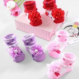 Cute Walk by Babyhug Ankle Length Socks Floral Applique Pack of 3 - Red Pink & Purple-image-59