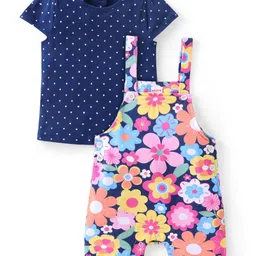Babyhug Cotton Knit Dungaree and Half Sleeves Top Set Floral Print - Multicolor-picture-38