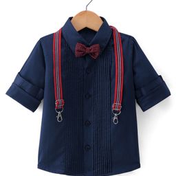 Robo Fry Cotton Woven Full Sleeves Solid Colour Party Shirt with BowSuspender & Pintuck Detailing - Navy Blue-image-63