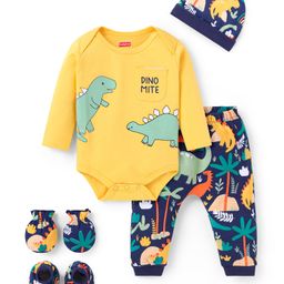 Babyhug 100% Cotton Knit Full Sleeves Dino Printed Onesies with Leggings& Cap Pair of Mitten Booties - Yellow & Navy Blue-image-19