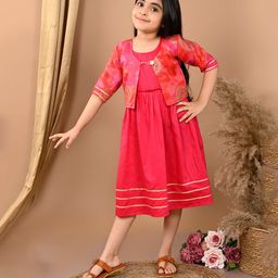 Kinder Kids Cotton Three Fourth Sleeves Lace Embellished Dress With Motif Printed Jacket- Pink-image-90