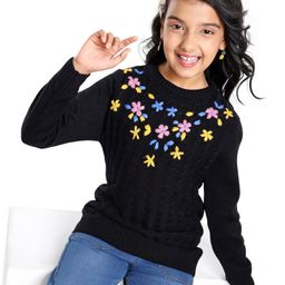 Pine Kids Full Sleeves Pull Over Sweater with Floral Embroidery - Black-image-31
