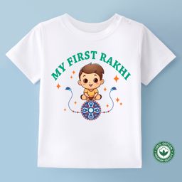BLUSHES Raksha Bandhan Theme 100% Cotton Half Sleeves My First Rakhi Text Printed Tee - White-image-91