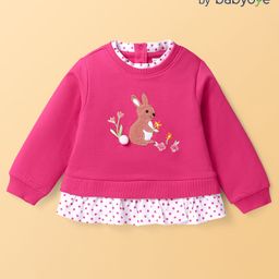 Babyoye Eco Conscious 100% Cotton Full Sleeves Winter Top With Bunny Patch & Floral Embroidered - Dark Pink-image-35