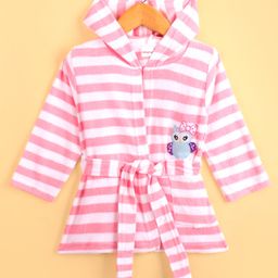 Babyhug Cotton Knit Full Sleeves Striped Hooded  Bathrobe with Owl Embroidery - White & Pink-image-40