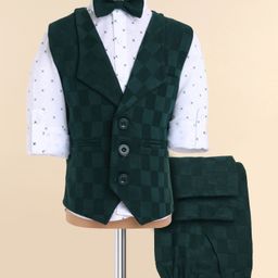 Robo Fry Knit Full Sleeves Printed 3 Piece Checkered Pattern Party Suit - Dark Green-image-23