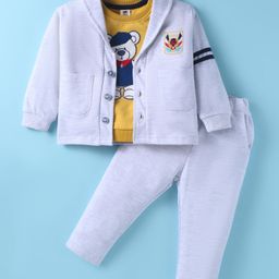 ToffyHouse Knit T-Shirt & Trouser Set With Teddy Bear Patch & Jacket - Light Grey & Yellow-image-4