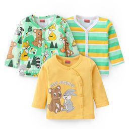 Babyhug 100% Cotton Knit Full Sleeves Front Open Vest Bear & Bunny Print Pack of 3 - Yellow & Green-image-98