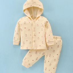 Tango Fleece Knit Full Sleeves Hooded Winter Wear Night Suit With Bunnies Print - Mustard-image-23