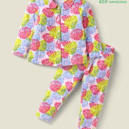 Babyoye 100% Cotton Knit Full Sleeves Front Open Co-ords Peter Pan Collared Night Suit with Leaves Print - White-image-55
