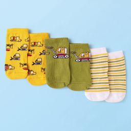Cute Walk By Babyhug Knit Ankle Length Anti-Bacterial Socks with Stripes & Vehicle Design Pack of 3 - Yellow & Green-image-18