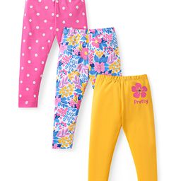 Babyhug Cotton Lycra Knit Full Length Leggings with Polka Dots Floral Print Pack of 3 - Mustard Pink & Blue-image-42