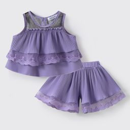 Mark & Mia Sleeveless Top & Shorts Set with Net & Lace Detailing - Purple-picture-0