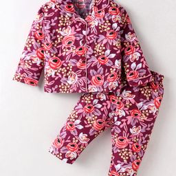 Doreme Cotton Knit Full Sleeves Co-ords Night Suit with Floral Print - Wine-image-14