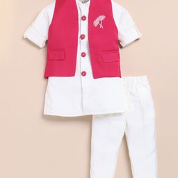 LITTLE COLLARS Cotton Silk Full Sleeves Solid Kurta Pyjama With Floral Designed Nehru Jacket Set - Pink-image-45