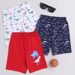 BUMZEE Cotton Woven Above Knee Length Shorts with Dino Print Pack of 3 - Navy Blue Red & White-image-102