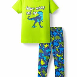 Pine Kids Single Jersey Knit Half Sleeves Night Suit With Dino Print - Lime Green & Navy Blue-image-73