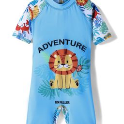 ROVARS Half Raglan Sleeves Legged Swimsuit with Jungle Theme Print - Blue-image-67