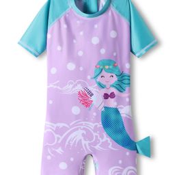 ROVARS Half Raglan Sleeves Legged Swimsuit with Mermaid Print & Tail Applique - Sea Green & Light Purple-image-14