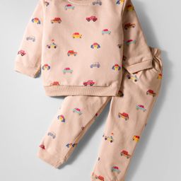 ToffyHouse 100% Knitted Cotton Full Sleeves T-Shirt & Lounge Pant Winter Wear Co-Ord Set With Animals & Cars Print - Peach-picture-41