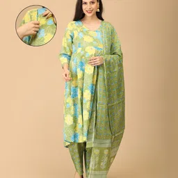 The Mom Store Cotton Knit Three Fourth Sleeves Floral Printed Maternity & Side Zipper Nursing Access Kurta With Pant & Dupatta Set - Multi Colour-picture-7