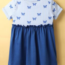 CUCUMBER Interlock Knit Half Sleeves Frock With Butterfly Print Frill Detailing & Pockets - Royal Blue image 2