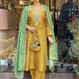 KALINI Floral Embroidered Yoke Design V-Neck Straight Kurta With Trousers & Dupatta-picture-6