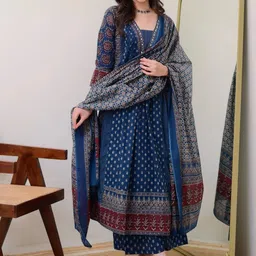 KALINI Floral Printed V Neck Anarkali Kurta With Trousers & Dupatta-57