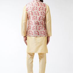 SOJANYA Men Golden-Coloured & Red Solid Kurta with Churidar & Nehru Jacket image 5