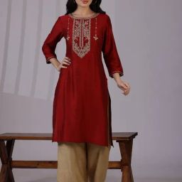 W Red Viscose Embroidered 3/4th Sleeves Kurta-image-16
