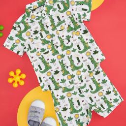 Pantaloons Baby Kids Green & White Cotton Printed Shirt Set-image-75