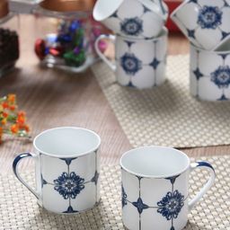 GOODHOMES White & Blue 6-Pieces Printed Bone China Cups Set-57