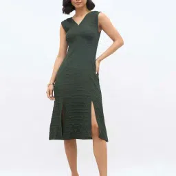 Styli Olive Regular Fit Self Pattern Dress-image-65