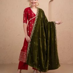 Sew & You Women Dark Olive Embroidered Dupatta-image-95