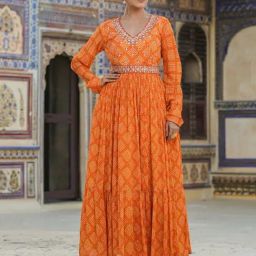 SCAKHI Orange Chinon Silk Bandhani Print Gathered Gown With Belt-image-0