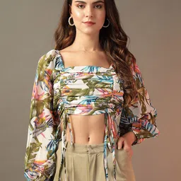 Trend Arrest Tropical Print Puff Sleeve Georgette Crop Top-image-3