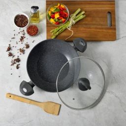Bergner Orion Marble Non Stick Grey Aluminium Induction Base Kadhai with Glass Lid - 24cm-11