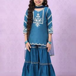 BIBA Girls Blue Embroidered Kurta, Sharara with Dupatta-picture-23