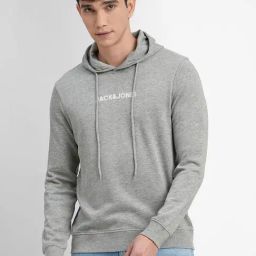 Jack & Jones Grey Melange Cotton Slim Fit Hooded Sweatshirt-image-56