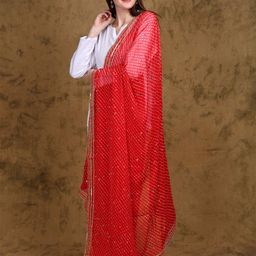 Exotic India Georgette Diagonal Pattern Dupatta With Bead Mirror Work & Lace Border image 2