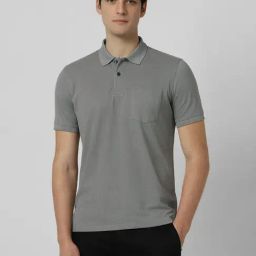 Peter England Grey Regular fit Solid Polo T-Shirts-image-4