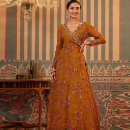 SCAKHI Mustard Organza Floral Print Embellished Angrakha Gown-image-80